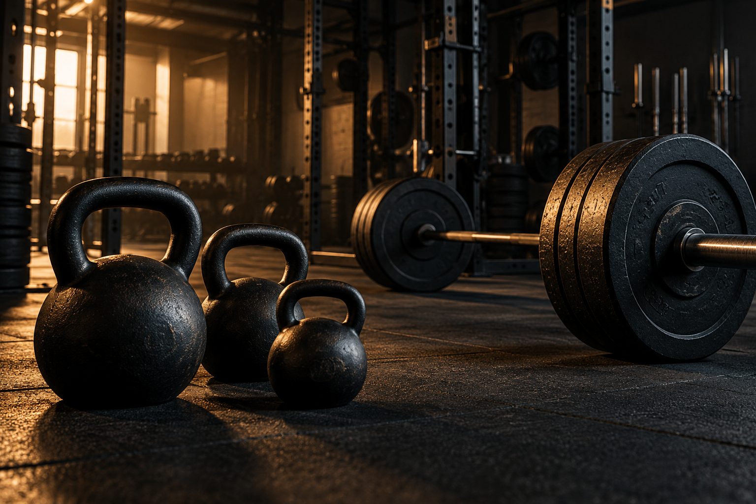 Kettlebells and strength equipment in a gym